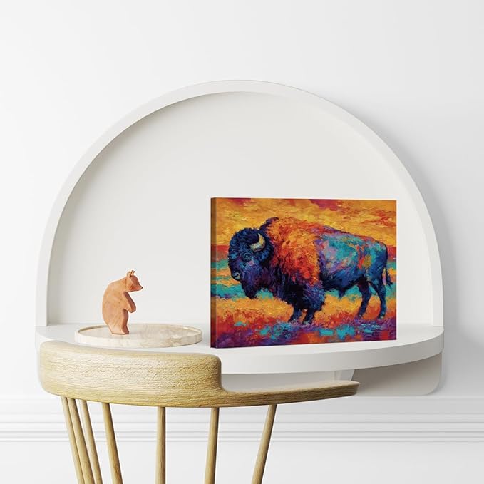 Modern Abstract Bison Wall Art Print, Vintage Vibrant Bison Painting Artwork Rustic Wall Decor for Home Farmhouse Living Room 8x10 Canvas Framed