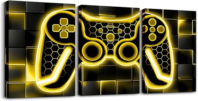 Feelyou Gamer Canvas Wall Art for Living Room 12"x16" 3 Piece Yellow and Black Picture Wall Decor Gaming Ombre Office Wall Decorations Artwork Posters Geometric Square Wall Painting