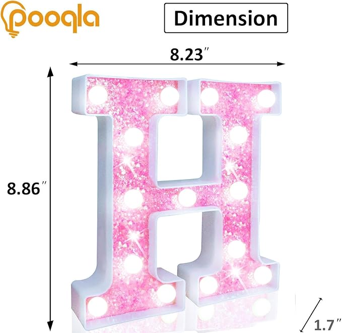 Pooqla LED Marquee Letter Lights, Light Up Letters for Birthday Decorations, Glitter Letter Sign Battery Powered Night Light Pink Party Wedding Christmas Girls Gift Bedroom Dorm Decor, Cool White H