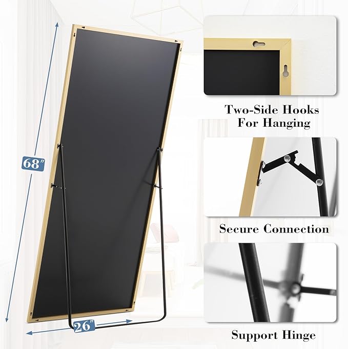 DUMOS Full Length Mirror with Stand, 68"x26" Floor Mirror with Aluminum Alloy Frame for Bedroom, Standing Full Body Mirror with Shatter-proorf Nano Glass for Wall, Living Room, Cloakroom, Gold
