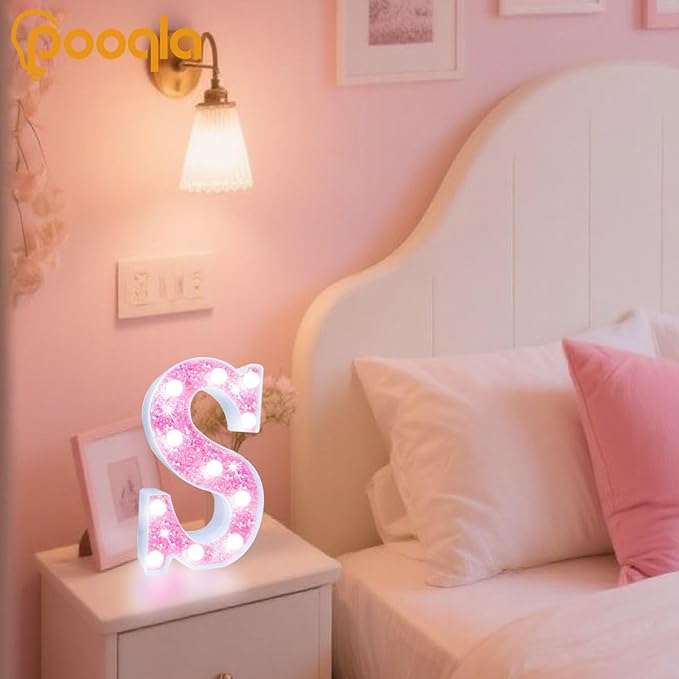 Pooqla LED Marquee Letter Lights, Light Up Letters for Birthday Decorations, Glitter Letter Sign Battery Powered Night Light Pink Party Wedding Christmas Girls Gift Bedroom Dorm Decor, Cool White I