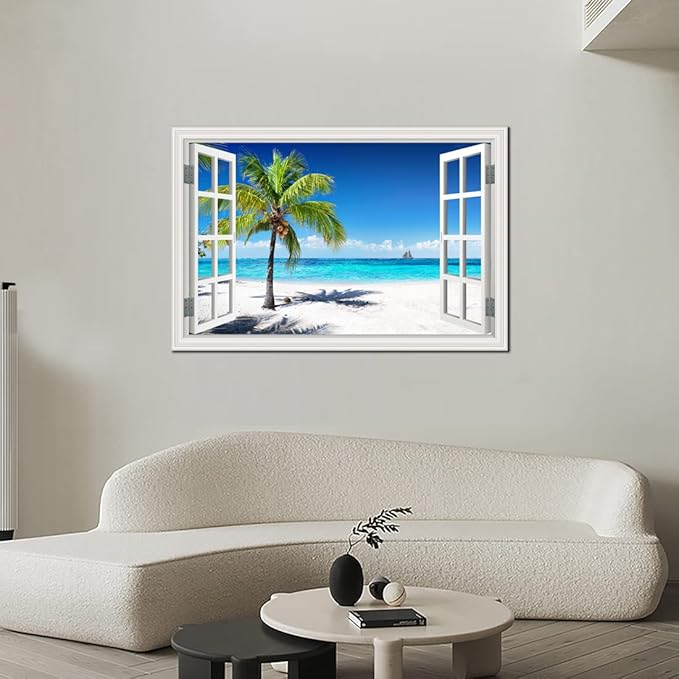 Beach Pictures Wall Art Decor for Living Room Blue Ocean Painting for Bedroom White Window Frame Style Palm Trees Canvas Wall Blue Coastal Landscape Artwork for Bathroom Home Office Decorations, Ready to Hang (24*36, Beach Palm Trees Wall Art)