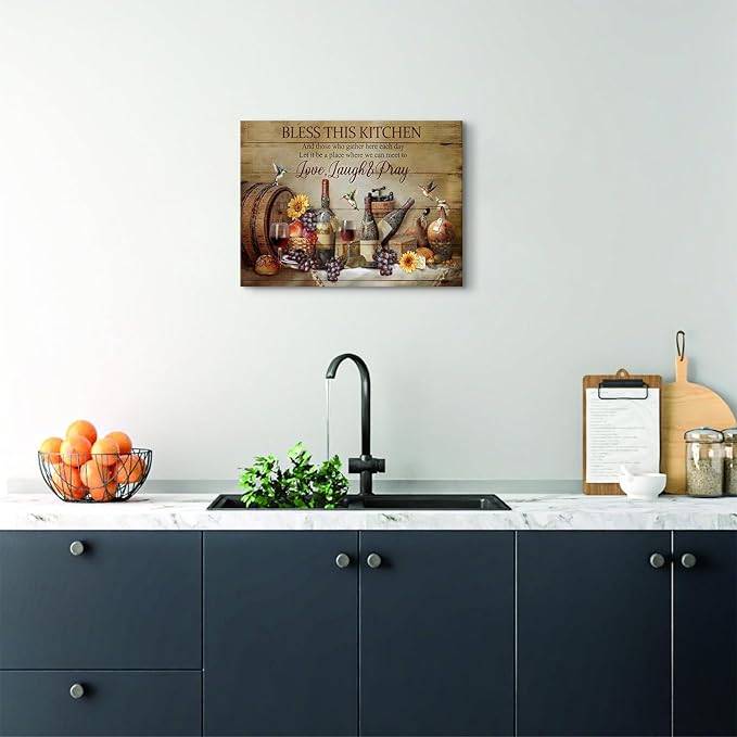 Christian Wall Art Kitchen Wall Decor Rustic Wine Decor Dining Room Pictures Farmhouse Bless This Kitchen Wall Art Gather Sign Canvas Prints Vintage CountryPainting Artwork Home Decorations 12x16"
