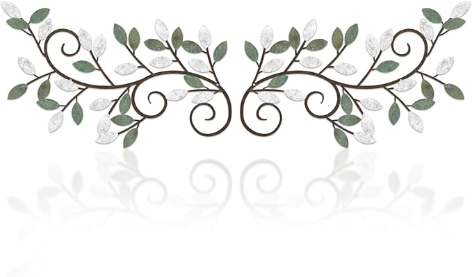 ESTART 2 Pieces Metal Tree Leaf Wall Decor Vine Olive Branch Leaf Wall Art Ornament Wall Hanging Sign for above Door, Living Room, Bathroom, Office, Indoor and Outdoor Decoration (White Green Colors)