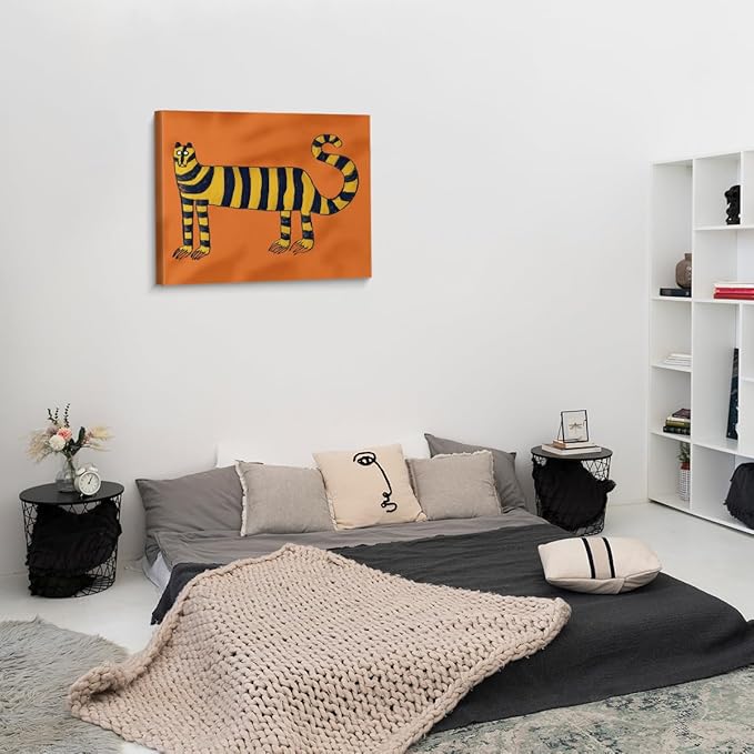 Trendy Tiger Canvas Wall Art Print Stylish Whimsical Tiger Picture Painting Artwork Orange Modern Wall Decor for Home Living Room Bedroom 8x10 Framed