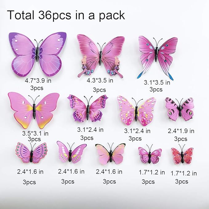 36pcs 3D Colorful Butterfly Wall Stickers DIY Art Decor Crafts for Party Nursery Classroom Offices Kids Girl Boy Baby Bedroom Bathroom Living Room Magnets and Glue Sticker Set 1(RED-Single Wing)