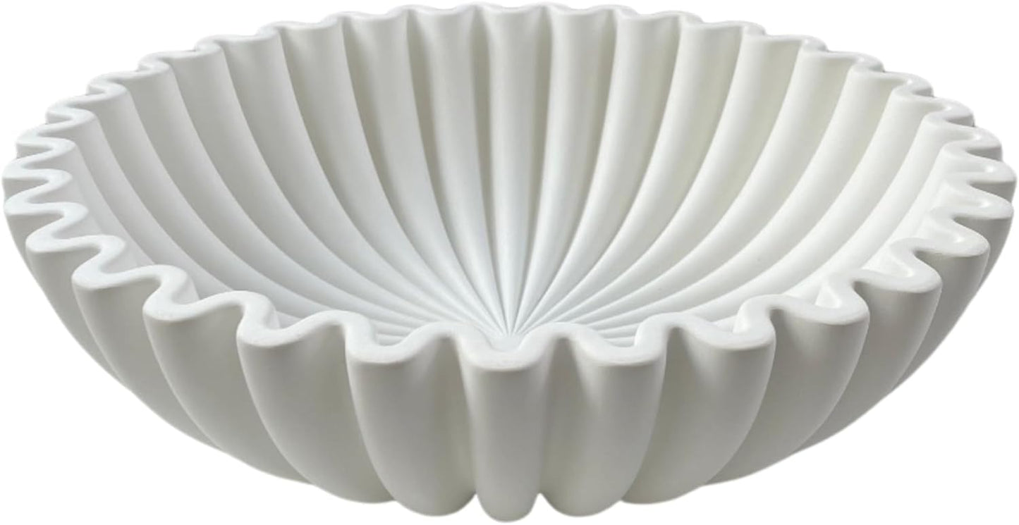 OAKOA Concrete Decorative Bowl - White Large Decorative Bowls for Home Decor - Coffee Table Bowl Decor - Scalloped Ruffle Centerpiece Bowl
