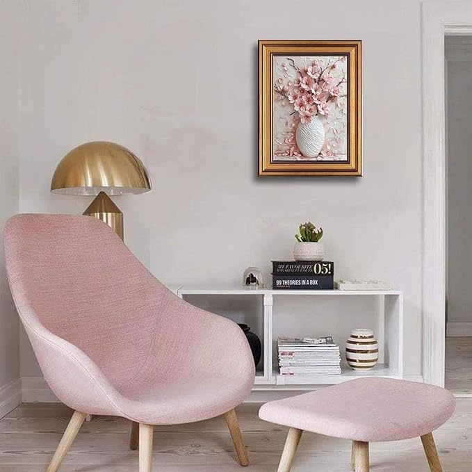 Gold Framed Pink Floral Canvas Wall Art 3D Texture Sakura Flower Botanical painting Decor Picture Cherry blossoms Poster Prints for Living Room Classroom Bedroom office corridor bathroom Decoration
