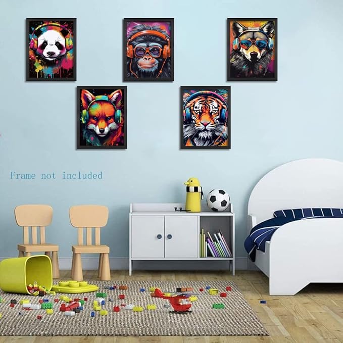 Ucninvd Graffiti Gaming Posters Wall Art Set of 9, Boys Gamer Controller Wall Decor Paintings, DJ Animals Earphone Picture Prints Boys Room Kids teeny for Room Bedroom Decoration 8x10In Unframed