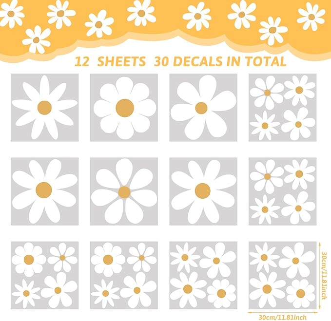 TaoBary 12 Sheet Daisy Wall Sticker Decal Removable Cute Daisy Bedroom Room Decor Flower Wall Sticker Pink White Flower Decal Wallpaper Peel and Stick for Nursery Home(White, Yellow,Classic Style)