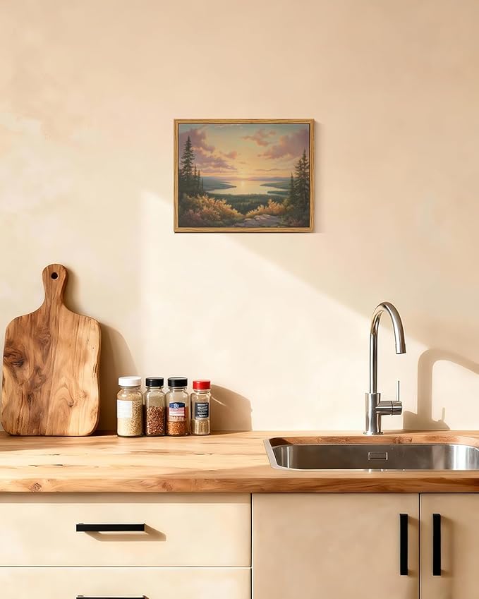 InSimSea Framed Canvas Wall Art, Vintage National Park Art for Living Room Hallway Shelf, 10x8in, Northern Lake Wild Landscape Painting, Rustic Cozy Mid Century Small Nature Decor
