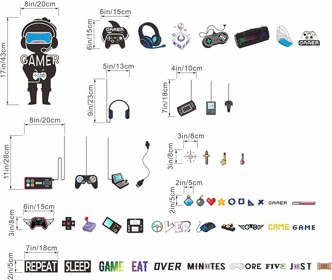 Gamer Wall Stickers - Controller Eat Sleep Games Joystick Video Gaming Wall Decals - Boys Bedroom Playroom Baby Kids Room Wall Decor