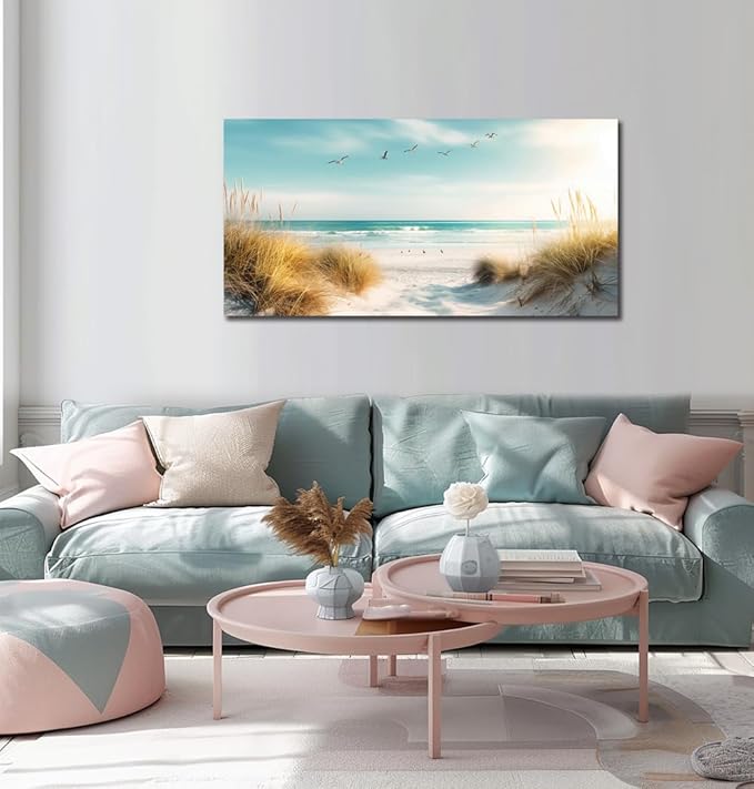 Beach Canvas Wall Art Decor Ocean Pictures Prints for Living Room Coastal Path Painting Seascape Artwork Sea Reeds Landscape for Bedroom Bathroom Home Office Decorations(20"*40")