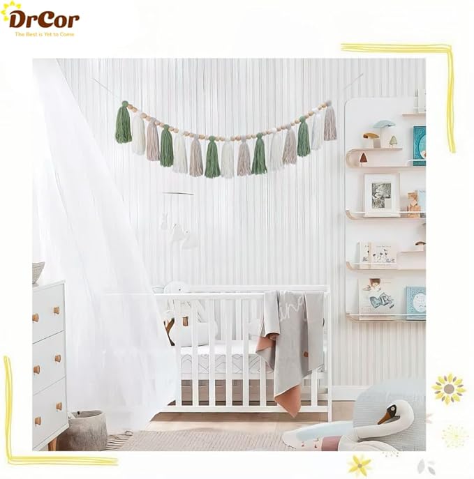 DrCor Sage Green & White Boho Tassel Garland – Handmade Yarn Banner for Nursery, Girls Bedroom, Baby Shower, Wedding Backdrop, Classroom Bulletin Board or Cozy Home Wall Decor