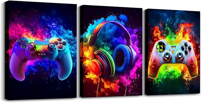 Feelyou Gamer Framed Canvas Wall Art Gaming Wall Decor for Bedroom Game Controller Pictures Painting for Room Office Wall Decorations Gaming Gifts Posters Artwork Gamepad Blue 12"x16"x 3Pcs