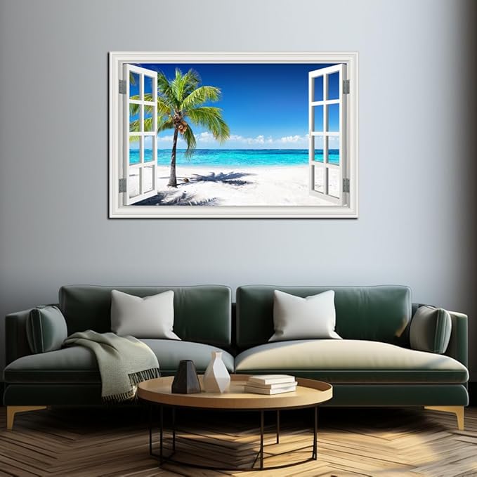 Ocean Wall Art Beach Picture for Living Room White Window Frame Style Palm Tree Art Print on Canvas Large Blue Sea View Painting Artwork for Bedroom Home Office Decoration, Ready to Hang(32"×48")