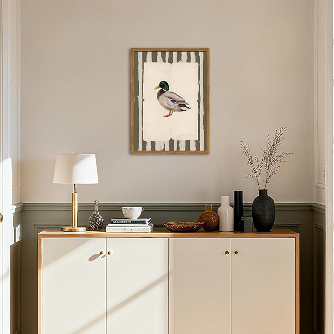 Framed Vintage Mallard Duck Wall Art, Country Farmhouse Duck Pictures Wall Decor, Rustic Wildlife Animal Paintings Canvas Prints Cottagecore Home Decor for Living Room Bedroom nursery 12x16 inch