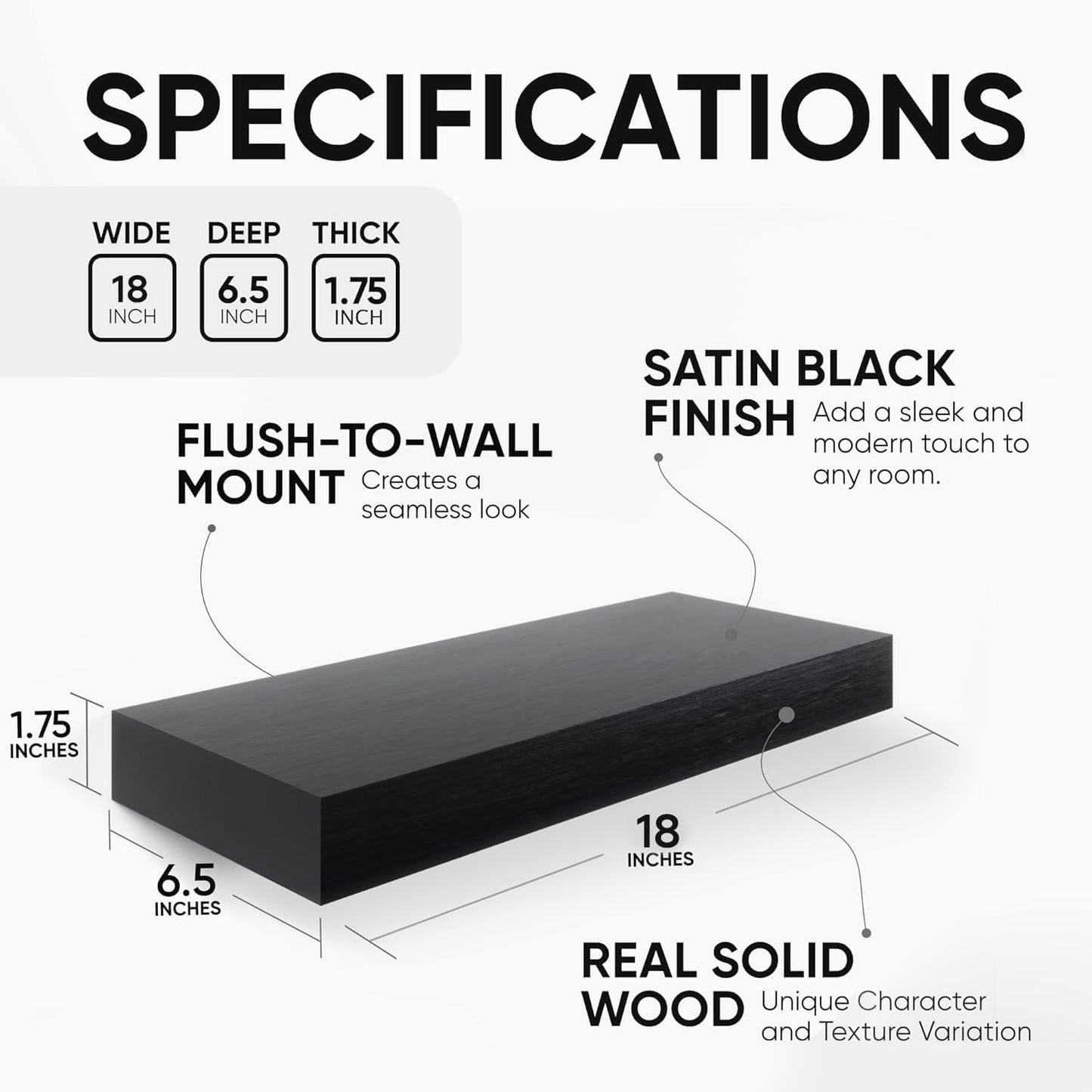 Homeforia Black Floating Shelf 18 inch, High End Solid Real Wood 18inch Bathroom Floating Shelves for Wall Mounted, Black Wooden 18in Floating Shelves, Heavy Duty Bracket, 18 X 6.5 X 1.75 in, Set of 2