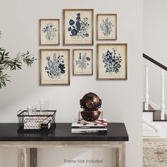 Watercolor Vintage Flower Poster Print - Rustic Modern French Country Cottagecore Wall Art - Primitive Blue Magnolia Leaves Pictures Gallery Gift - Farmhouse Plant Botanical Floral Kitchen Room Decor