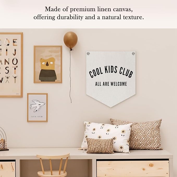 Cool Kids Club Pennant Banner – Playroom Decor, Boyhood Linen Pennant, Kids Wall Hanging, Canvas Triangle Flag for Toddler Boy Nursery & Playroom Essentials, 14.5x12.6 in