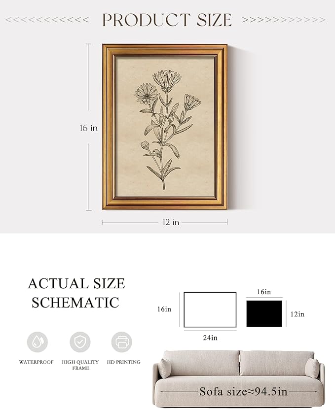 ARPEOTCY Gold Framed Canvas Art Prints,12x16inch, Botanical Wildflower Art Painting, Vintage Country Decor for Bathroom Bedroom Kitchen Shelf, Rustic Cottagecore Minimalist Plant Pictures
