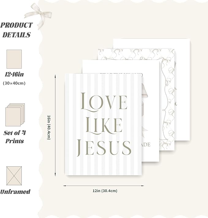 LARTSFRO Coquette Beige Bow Jesus Wall Art Decor Posters, Beige Bow Christian Room Bedroom Bathroom Wall Art Decor Aesthetic for Teen Girls Gifts, Inspirational Bible Verses Bow Wall Decor, 12x16 Inch Set of 4 Bow Pictures (UNFRAMED)