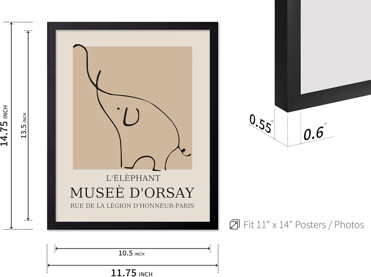 Poster Master Vintage Poster - Retro Minimalist Print - Gift for Artist, Housewarming - Elephant, Line Drawing, Sketch, Abstract - Wall Decor for Living Room, Bedroom, 11x14 Black Framed