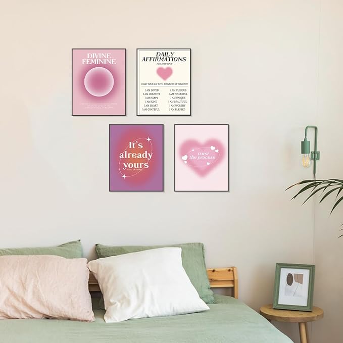 PLKMN Daily Affirmations Poster Set of 4, Y2K Pink Aura Energy Prints, Motivational Wall Decor for Girls Bedroom, Dorm Art, 8x10 Inch, Unframed
