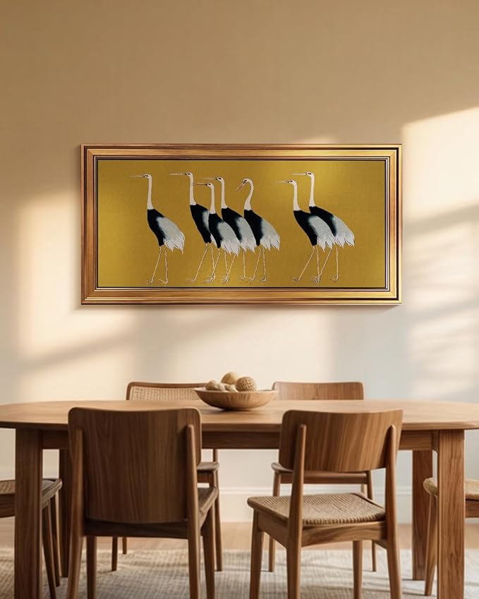 HUARCEY Gold Framed Vintage Wall Art for Living Room, Animals Painting Prints Shelf Decor for Kitchen, Aesthetic Bedroom Wall Art Decor, Christmas Gifts for Friends or Family (Seven Cranes 20"x40")