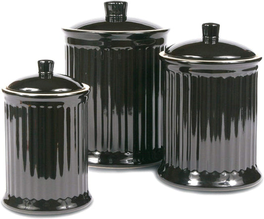 Omniware Simsbury 3-Piece Canister Set - Stoneware Kitchen Storage with Silicone-Sealed Lids, Lead-Free Glaze & Dishwasher Safe - Rustic Farmhouse-Style Flour & Sugar Containers (Black)