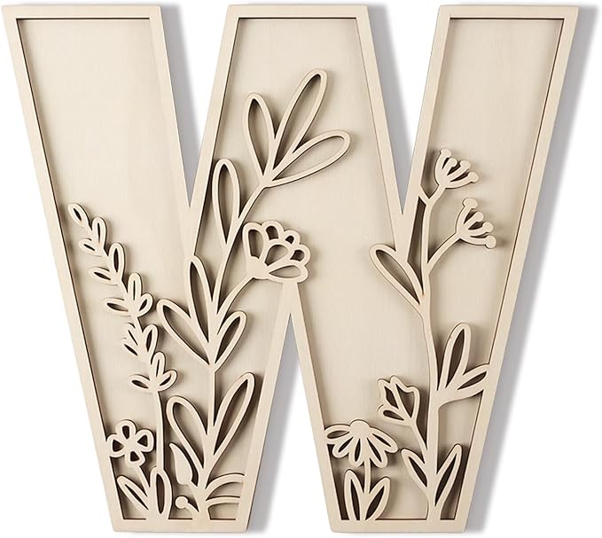 Layered 12 Inch Large Wooden Letters for Wall Decor, Flowered Paintable Wooden Nursery Letters for Crafts Wood Alphabet Letter W for Birthday Boho Nursery Name Sign Wedding Home Decoration