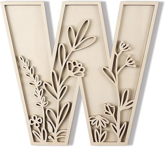 Layered 12 Inch Large Wooden Letters for Wall Decor, Flowered Paintable Wooden Nursery Letters for Crafts Wood Alphabet Letter W for Birthday Boho Nursery Name Sign Wedding Home Decoration