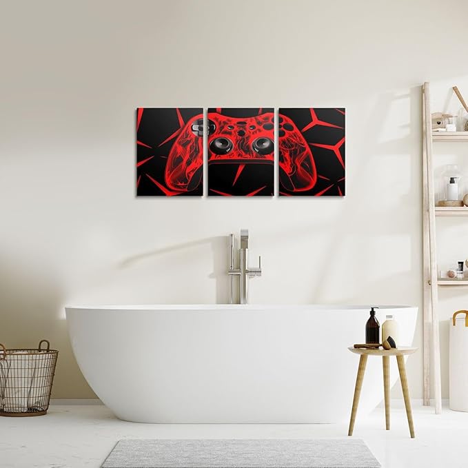Feelyou Gamer Bathroom Wall Art for Home Decor Gamepad Canvas Wall Art for Bedroom Girls TeensGaming Gifts Office Wall Artwork Posters 12" x 16" 3 Piece Game Controller Red Wall Painting