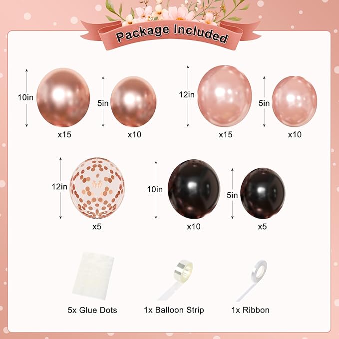 Rose Gold and Black Birthday Decorations for Women Girls, Pearl Metallic Rose Gold Black Foil Confetti Balloons Happy birthday Banner Gold Butterfly Fringe Curtains for Birthday Party Women Girls