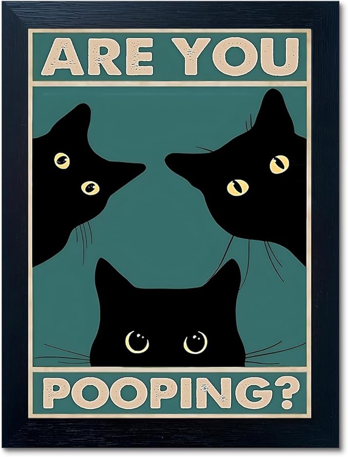 Funny Black Cat Wall Art - Are You Pooping? Bathroom Decor, Vintage Gothic Wall Art, Framed Prints 8"x10", Cute Animal Retro Apartment Decor for Toilet & Bathroom
