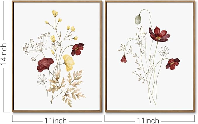Watercolor Botanical Wall Art Prints Burgundy and Yellow Flower Pictures Wall Decor Colorful Floral Plants Painting Framed Aesthetic Poster for Home Office Kitchen Decoration 2 Pieces Set - 11x14 Inch