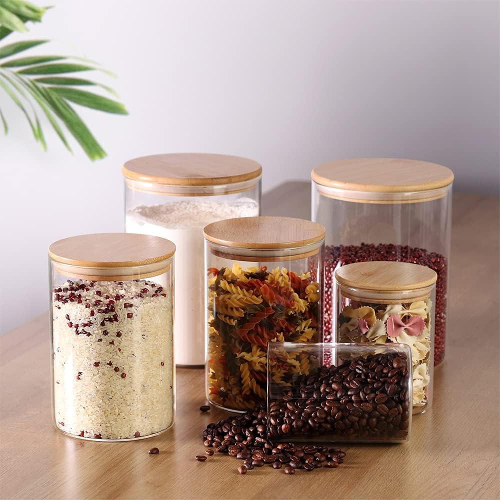 Glass flour Jars with Airtight Lids, 6 Pack Sugar and Flour Salt Containers Set, Extra Large Glass Rice Jar with Bamboo lid for Kitchen, Brown Suger, Beans, Groub Coffee (100OZ/54OZ/27OZ)