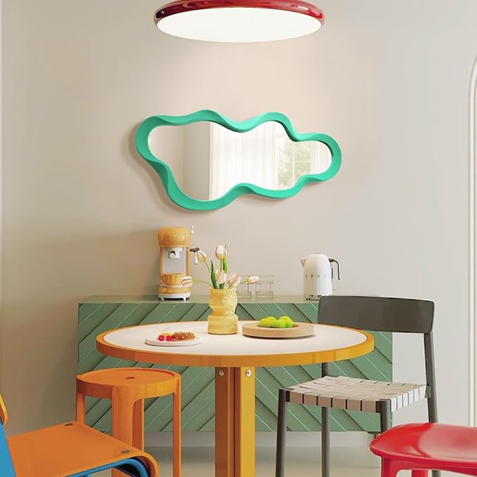 Irregular Wall Mirror Living Room Decor, Cloud Decorative Mirrors with Flocking Touch, 13.8x29.7 Modern Wavy Mirror for Hallway Entryway Staircase, Over The Bed Wall Art Decoration (Green)