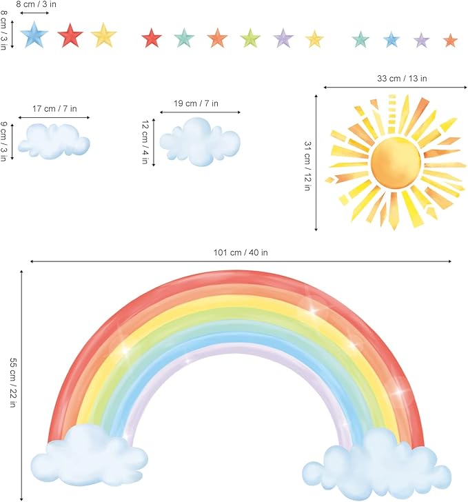 decalmile Large Rainbow Wall Decals Sun Cloud Star Wall Stickers Baby Nursery Girls Bedroom Living Room Wall Decor
