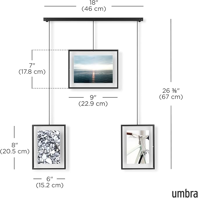 Umbra Exhibit Picture Frame Gallery Set, Adjustable Collage Display for 3 Photos, Prints, Artwork and More, Holds two 4x6 and one 5x7 Photos, Black