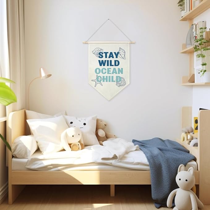 AGMDESIGN Stay Wild Ocean Child Canvas Hanging Pennant Flag Banner, Toddler Rooms Decor, Surf Room Wall Decor, Home Playroom Kids Room Nursery Flag Decor, Gifts for Teen Boys Girls Dorm Surfing Lover