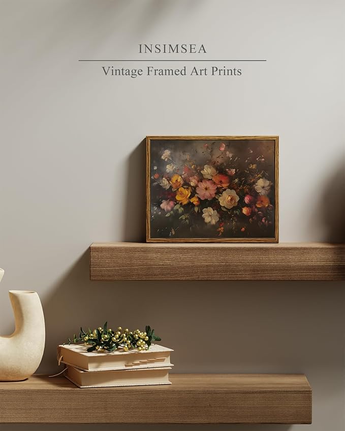 InSimSea Framed Canvas Wall Art, Vintage Wall Decor, Fall Floral Dark Moody Painting for Living Room, Bedroom Autumn Country Retro Flower Print Pictures Decorations,8x10inch