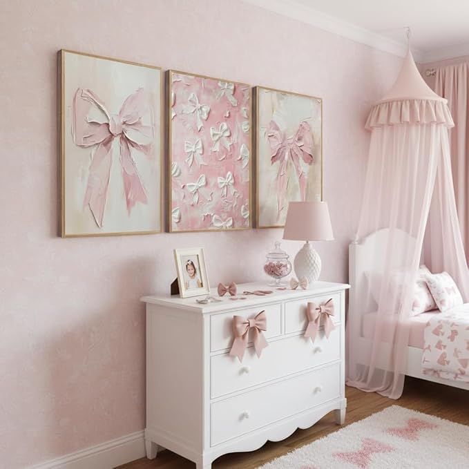 3Pcs Trendy Pink Bow Canvas Wall Art Vintage Cute Preppy Watercolor Bow Painting Pictures Wall Decor Posters Prints Girly Aesthetic for College Apartment Bedroom Decoration Unframed