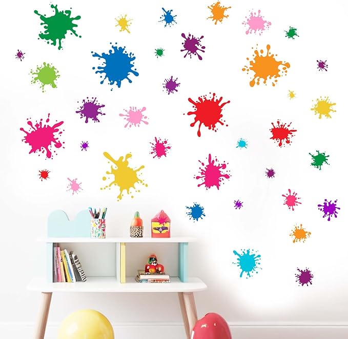 38pcs Colorful Paint Splatter Wall Decals - Graffiti Painting Splotches Wall Stickers - Nursery Kids Baby Girls Boys Room Daycare Kindergarten Playroom Classroom Wall Decor