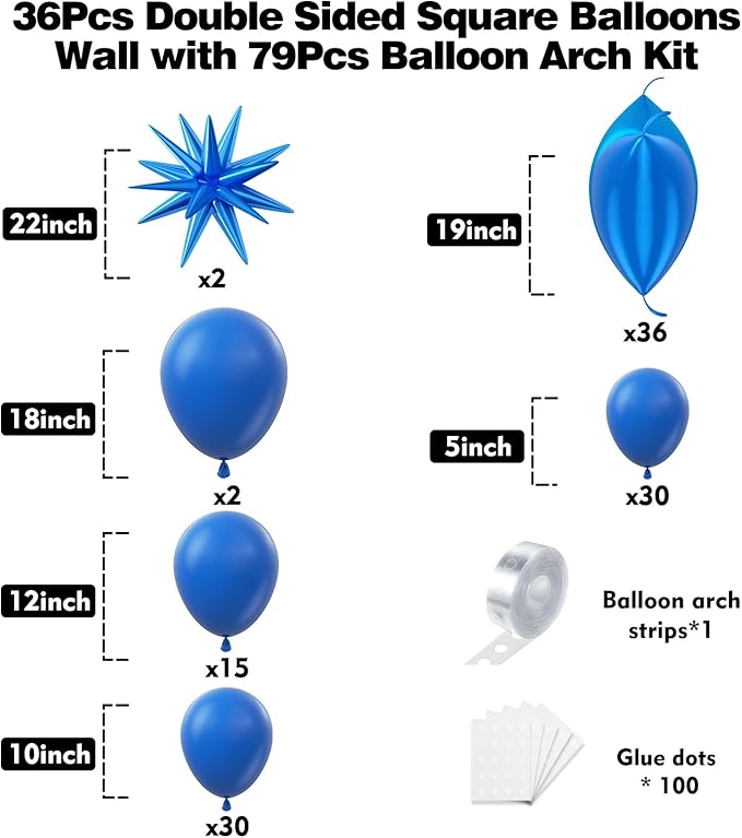 36pcs Blue Square Foil Balloons Wall Backdrop with 79pcs Balloon Garland Arch Kit, Double Sided Balloon for Birthday Baby Shower Bridal Shower Anniversary Prom Graduation Party Decorations
