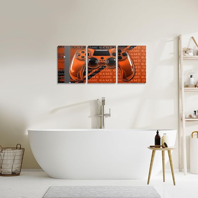 Feelyou Gamer Canvas Wall Art 12" x 16" 3 Piece Game Controller Office Wall Artwork Posters for Teens Adults Gaming Gifts Bathroom Wall Art for Home Gamepad Orange and Black Wall Painting