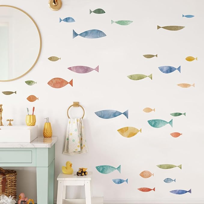62 Pcs Watercolor Ocean Fish Wall Decals, Peel and Stick Ocean Wall Sticker, Removable Vibrant Sea Life Underwater Theme Wall Decor for Kids Room Nursery Bedroom Playroom Classroom