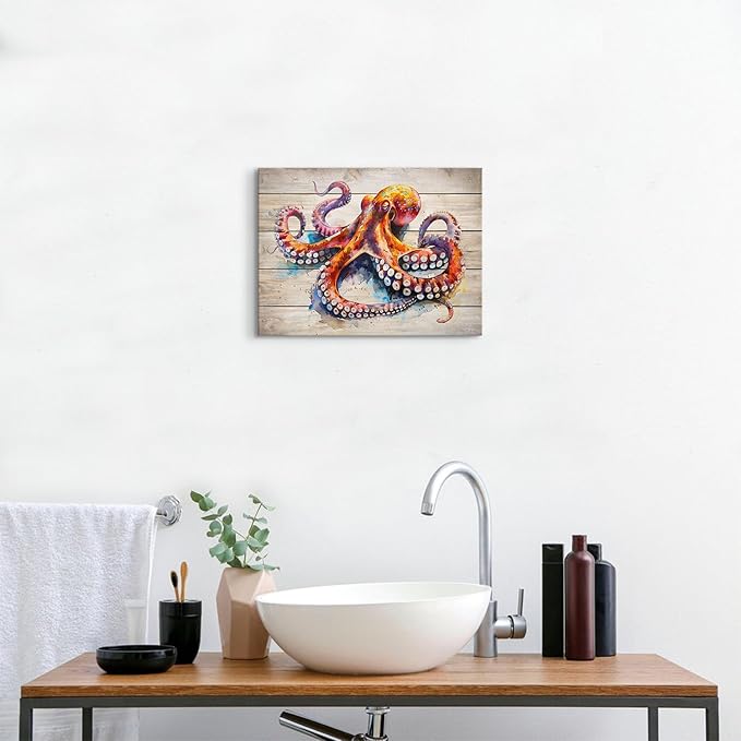 Ocean Bathroom Decor Octopus Wall Art Nautical Sea Animal Canvas Prints Rustic Marine Life Poster Vintage Coastal Pictures Painting Farmhouse Artwork for Bedroom Living Room Home Decoration 12x16"