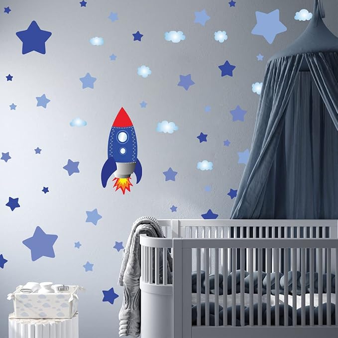 Large Rocket and Star Wall Decals, Outer Space Wall Stickers, Peel and Stick Removable Star Sticker, Art Decor for Kids Boys Bedroom Nursery Living Room,Playroom Classroom Decoration