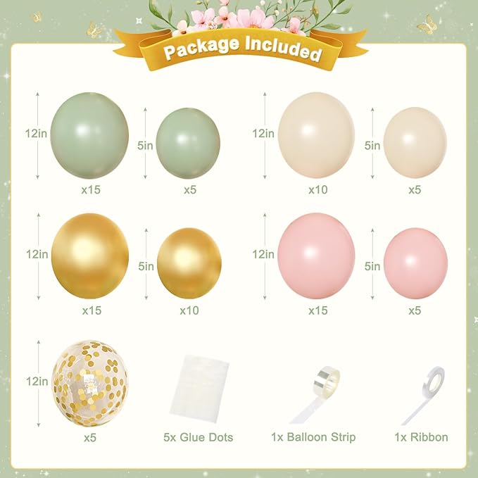 Pink and Sage Green Birthday Decorations, Pink Green Sand White Metallic Gold Foil Confetti Balloons Happy Birthday Banner Gold Butterfly Fringe Curtains Birthday Decorations for Women Girls Teens